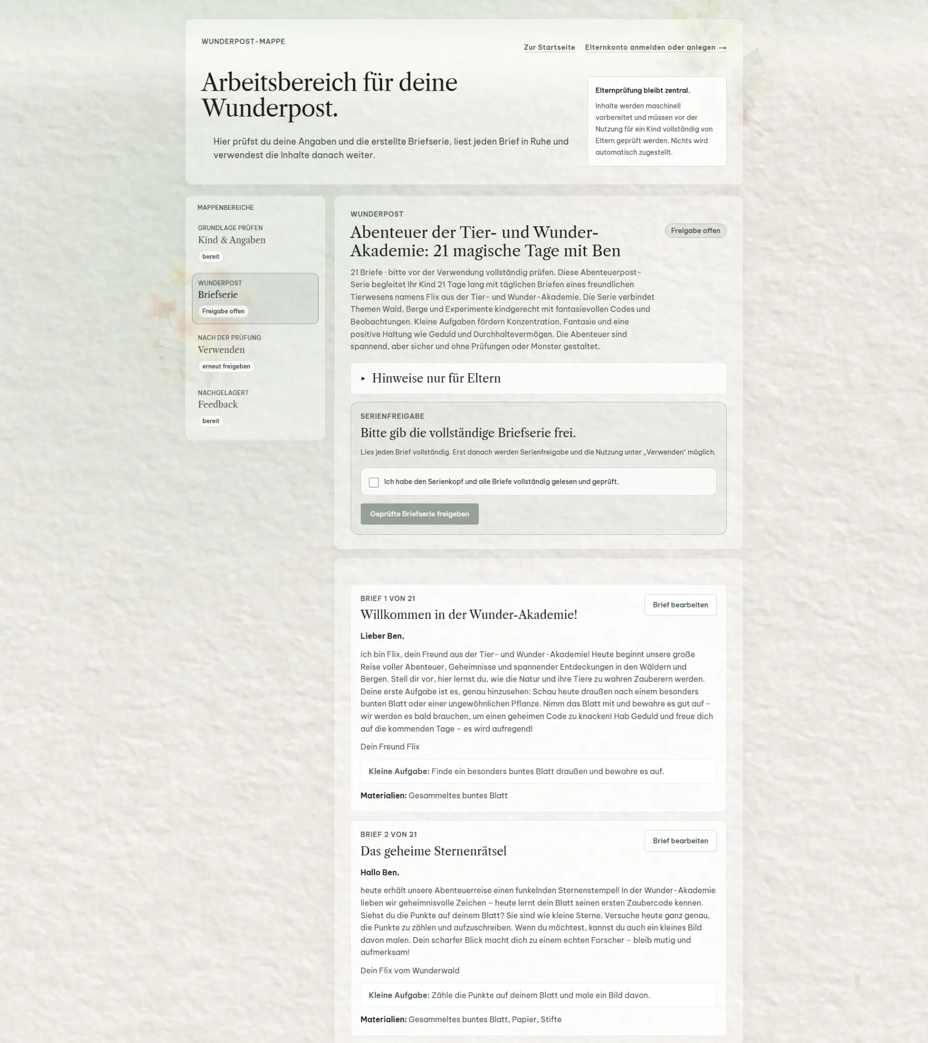 Elternbereich von Wunderpost mit vorbereiteter 21-teiliger Abenteuerpost und Freigabeprozess