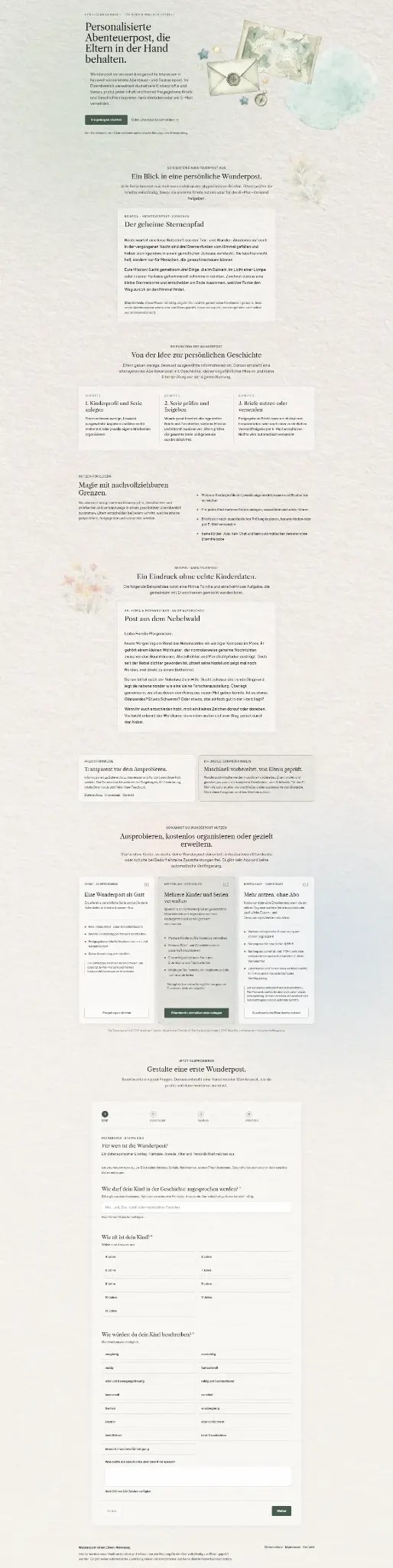 Vollständige Wunderpost-Produktseite mit Funktionsübersicht, Nutzungsmodellen und datensparsamem Fragebogen